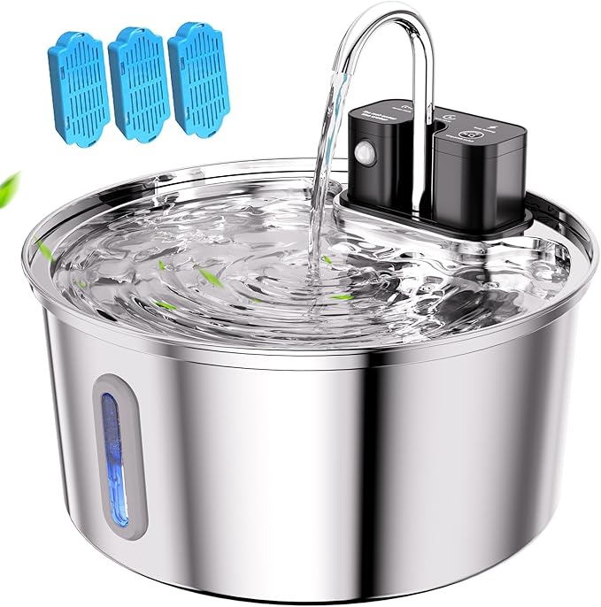 Tomxcute Wireless Cat Fountain-108oz Cordless Automatic Battery Operated | Quiet Pump Stainless Steel Pet Fountain with 3 Smart Water Supply Modes Rechargeable Water Dispenser for Cats, Dogs, Pets