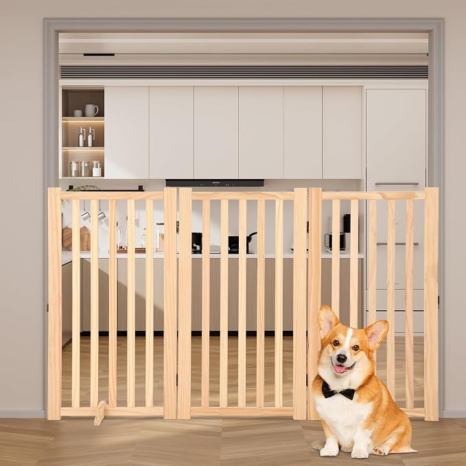 Wooden Freestanding Dog Gate, Foldable Pet Gate with Support Feet, Indoor Dog Fence for The House,Doorways, Stairs，Expandable Pet Fence -3 Panel H:36”