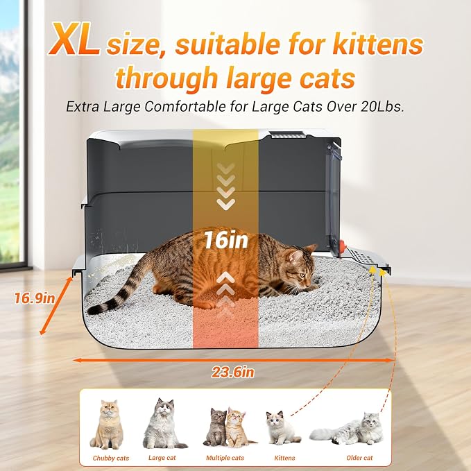 Cat Litter Box - Stainless Steel Litter Box with Lid for Large &Kitty,Enclosed Litter Box Includes Litter Scoop, Elevated Step Box, and Activated Carbon Pack, 23.6“ x 16.9” x 16", Dark Gray