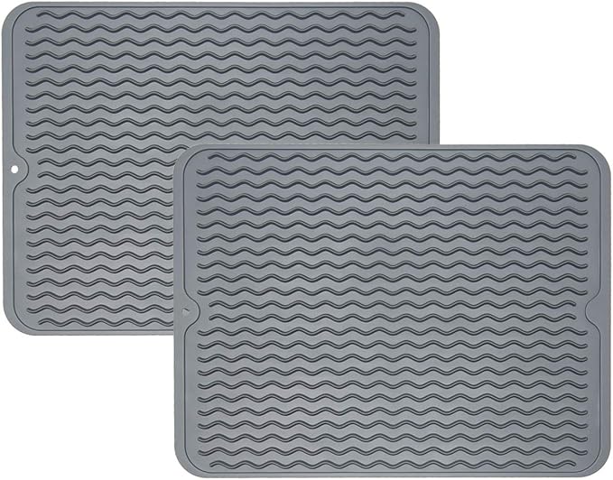 ZLR 2 Pcs Silicone Dish Drying Mat for Kitchen Counter (12" x 16" / 307 x 405mm) - Large Fast-Dry Drainer Mat with Raised Wavy Ridges & 5mm Lip - Non-Slip, Heat Resistant 450°F, BPA-Free (Dark Gray)
