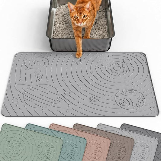 OHMO Cat Litter Mat Medium 23.6x15.7in, Light Grey Silicone Rubber Scatter Control Kitty Litter Box Trapping Mat, Waterproof Easy to Clean, Odorless Pet Supplies, Indoor Cat Essentials