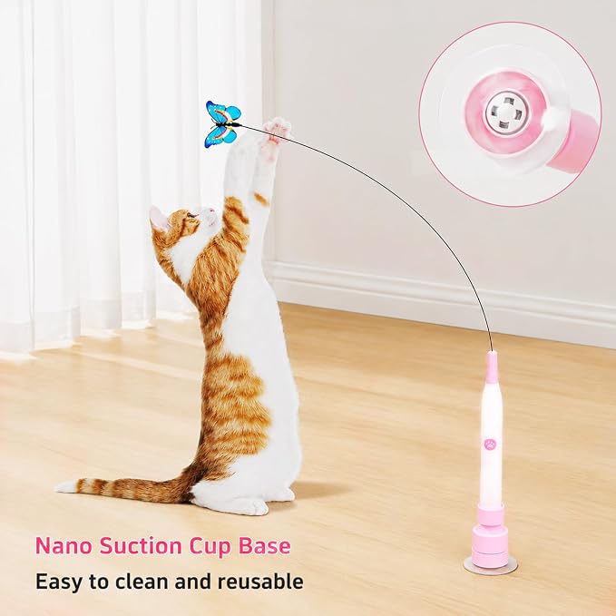 Electric Butterfly Cat Wand for Indoor Cats, 360 Spinning Self-Play with 2 Modes & Tap-to-Awake, Rechargeable Cleanable Suction Base, 3 Butterfly Refills, Interactive Cat Toy (A-Pink)