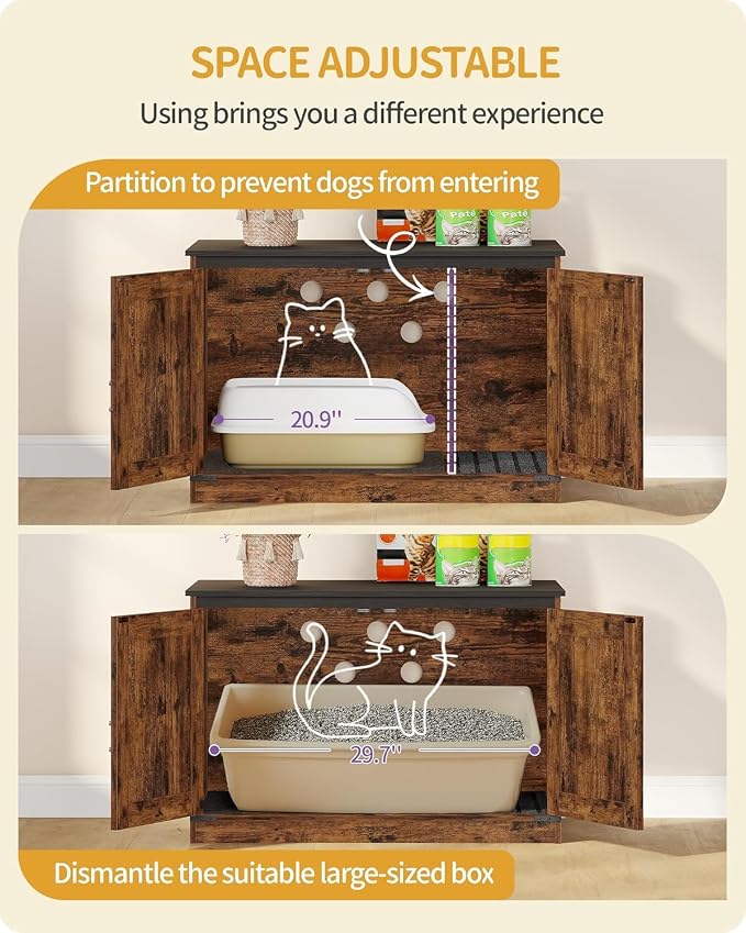 Hzuaneri Cat Litter Box Enclosure with Cushion, Hidden Litter Box Furniture with Removable Dividers, Reversible Entrance Left or Right Side, Cat House, Rustic Brown and Black CB84601X
