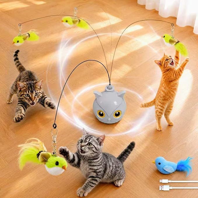 Interactive Cat Toys for Indoor Cats - Automatic Flying Bird Feather Toy with Sticky Suction Base, USB Rechargeable 360° Electric Cat Teaser, Touch Activated Self-Play Toy for Bored Cats