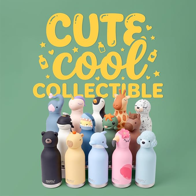 Asobu Bestie Bottle Limited Edition Collectible Kids Water Bottle with Animal Character Lid 16oz (460ml) Insulated Stainless Steel, Leakproof, Reusable with Straw Fun Gift for Girls & Boys