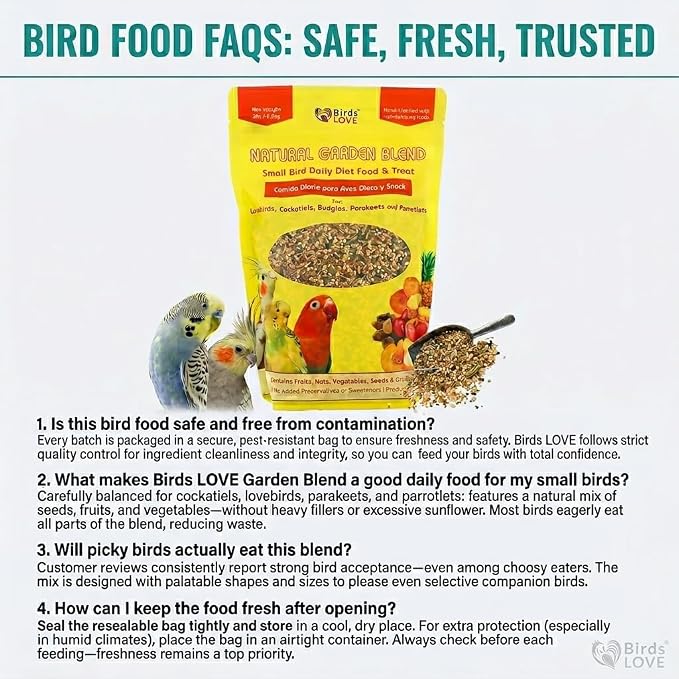 Birds LOVE Natural Garden Blend Bird Food for Small Birds, 2 lb - Hand Packed in USA, Natural Mix with Fruits, Seeds & Grains for Lovebirds, Cockatiels, Budgies & Parakeets