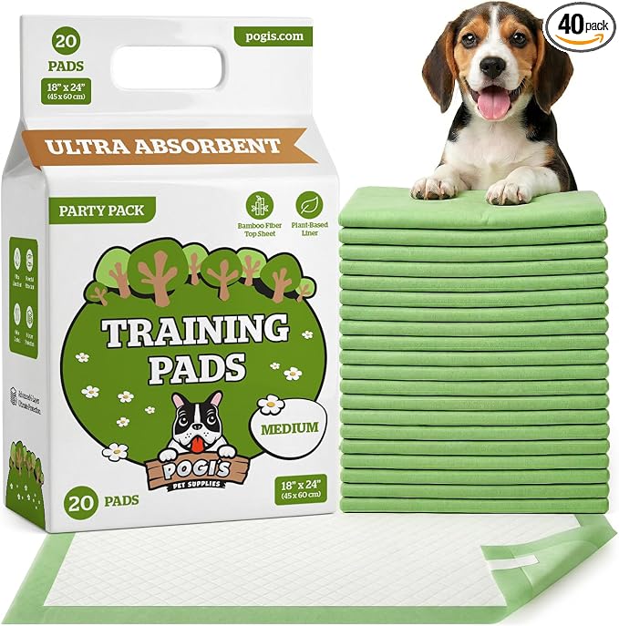 Pogi’s Puppy Pads with Sticky Tabs – Medium, Super Absorbent, Odor Blocking, 40-Count (18x24in)
