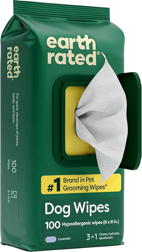 Earth Rated Dog Wipes, Hypoallergenic, 3-in-1 Cleaning and Hydrating, for Grooming Paws, Body and Butt, Lavender Scented, 100 Count