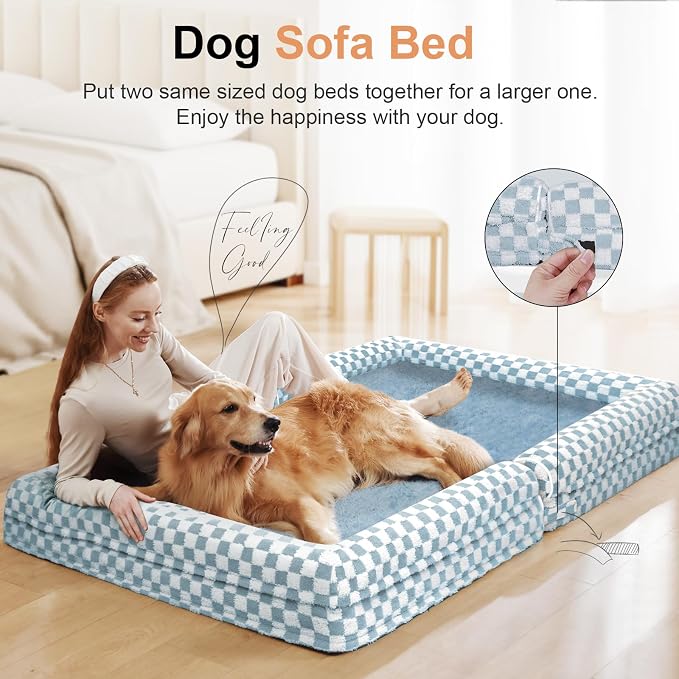 Large Dog Bed Orthopedic Washable: Beds Bolster XL Bed Big XLarge Dogs Egg Crate Foam Couch Sofa Waterproof with Removable Cover - Blue Grid