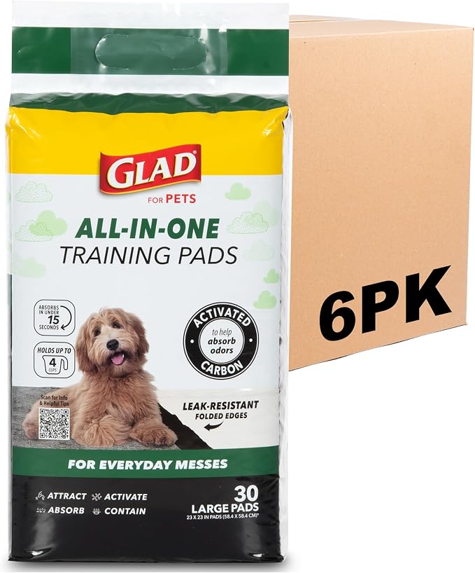 Glad for Pets Black Charcoal Puppy Pads, 23 x 23 Inch, 6-Layer Leak-Resistant Design, Activated Carbon Odor Control, Pheromone Attractant for Potty Training, 30 Count - 6 Pack