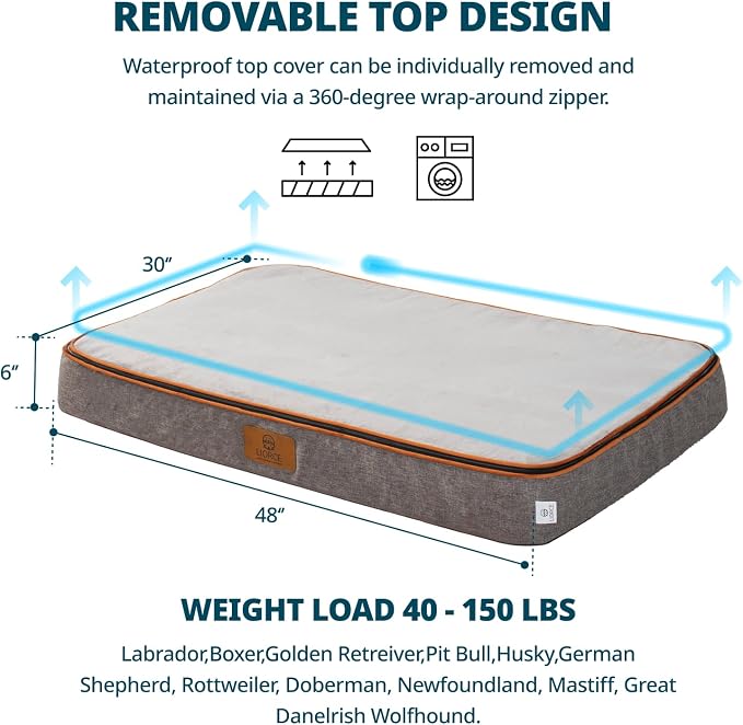 LIORCE Orthopedic Memory Foam XXL Dog Bed - 6" Thick Beds for Extra Large Sized Dog - Waterproof Removable Washable Cover & Wrap-Around Zipper - Ultimate Comfort & Easy Maintenance, Light Grey