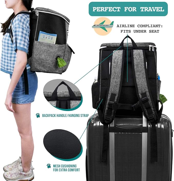 PetAmi Dog Travel Bag Backpack, 27L Airline Approved Pet Supplies Organizer with 2 Food Containers, 2 Collapsible Bowls & Poop Bag Dispenser, Weekend Road Trip Camping Dog Mom Gift, Gray