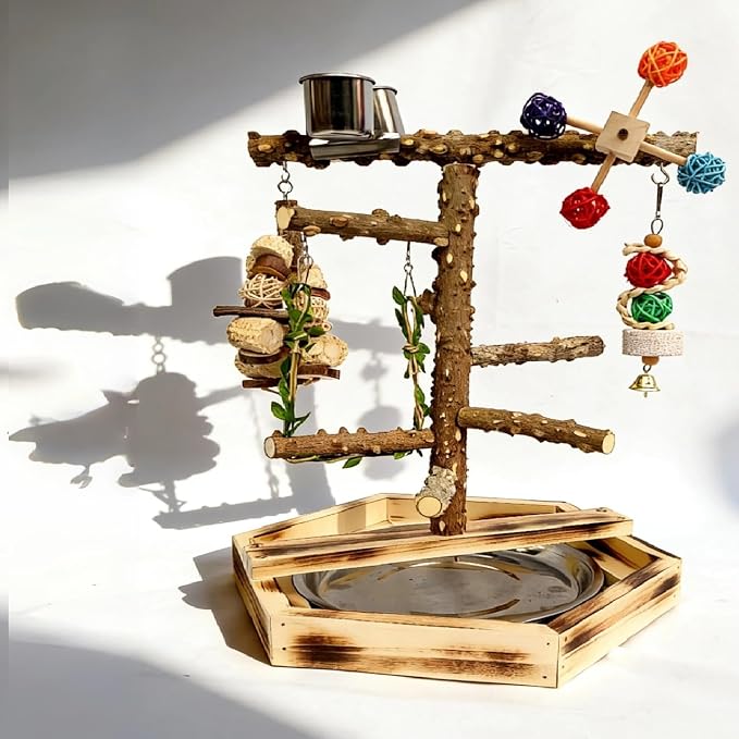 Natural Pepper Wood Bird Play Stand with Stainless Steel Bowls, Handmade Parrot Perch Gym with Chewing Toys & Bell, Tabletop Training Stand for Small to Medium Birds