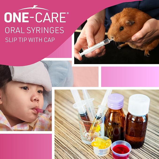 Pack of 100, ONE-CARE 10ml Oral Syringe with Cap, Latex-free, 100 Oral Dispensers - 10ml, Prolonged Slip Tip, Uses include oral administration of medicine for infants, adults and animals