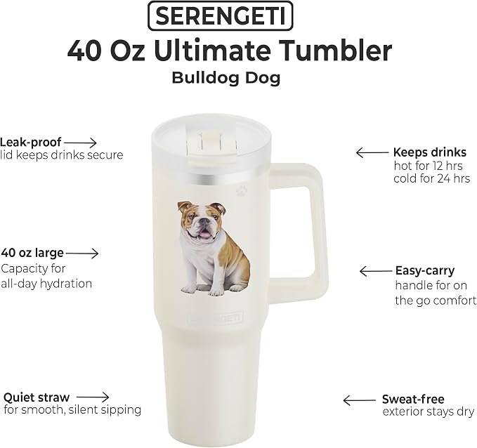 E&S Pets SERENGETI 40 Oz Ultimate Tumbler with Handle and Straw - Vacuum Insulated Tumbler with Straw and Lid - Stainless Steel Travel Mug for Pet Lovers - 3D Designs of your favorite Dog (Bulldog)