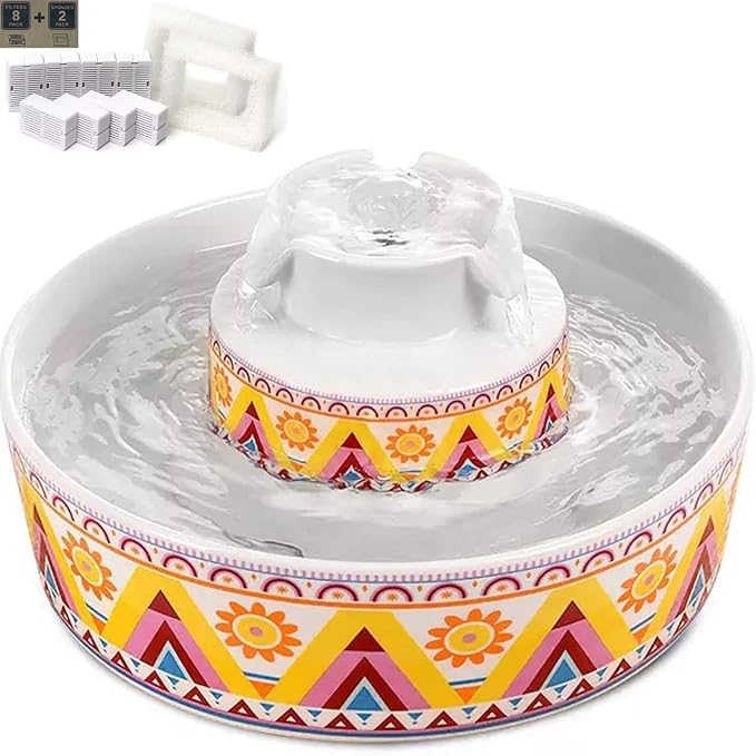Ceramic Cat Water Fountain with 9 Filters 3 Sponge, Cats Water Dispenser 2.1L/71.02oz Dog Water Bowl Dispenser Cat Fountain for Cats Indoor Ultra Quiet Pump Pets Water Bottle Boho Orange