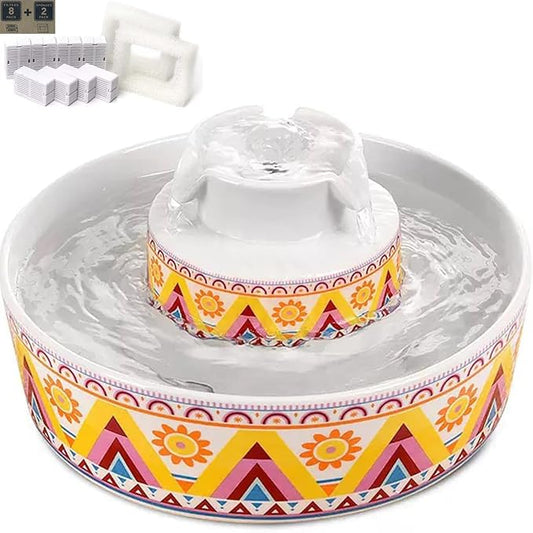 Ceramic Cat Water Fountain with 9 Filters 3 Sponge, Cats Water Dispenser 2.1L/71.02oz Dog Water Bowl Dispenser Cat Fountain for Cats Indoor Ultra Quiet Pump Pets Water Bottle Boho Orange