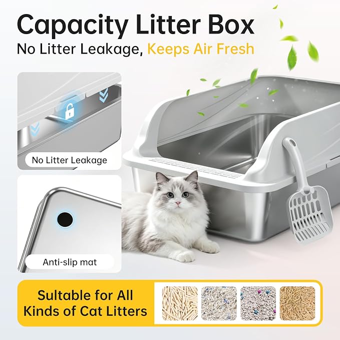 Stainless Steel XL Cat Litter Box for Cats, High-Sided Design Prevents Urine Leakage, Non-Stick, Easy to Clean, Includes Scoop, Gray L