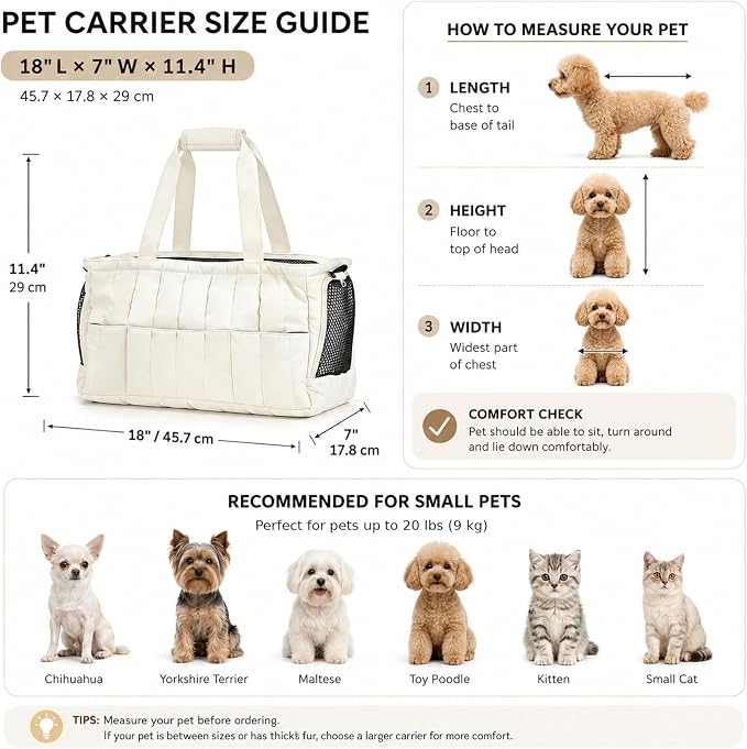 Dog Purse Carrier for Small Dogs, Small Cat Purse Carrier Soft with Large Pocket, Portable Pet Carrier Tote Bag with Safe Leash (White)