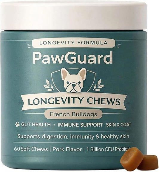 PawGuard French Bulldog Longevity Chews, Breed-Specific Soft Chews with Probiotics, Digestive Enzymes, Glucosamine, Chondroitin, Pork Flavor, Gut Skin Coat Immune Joint Support, 60 Count(1pc)
