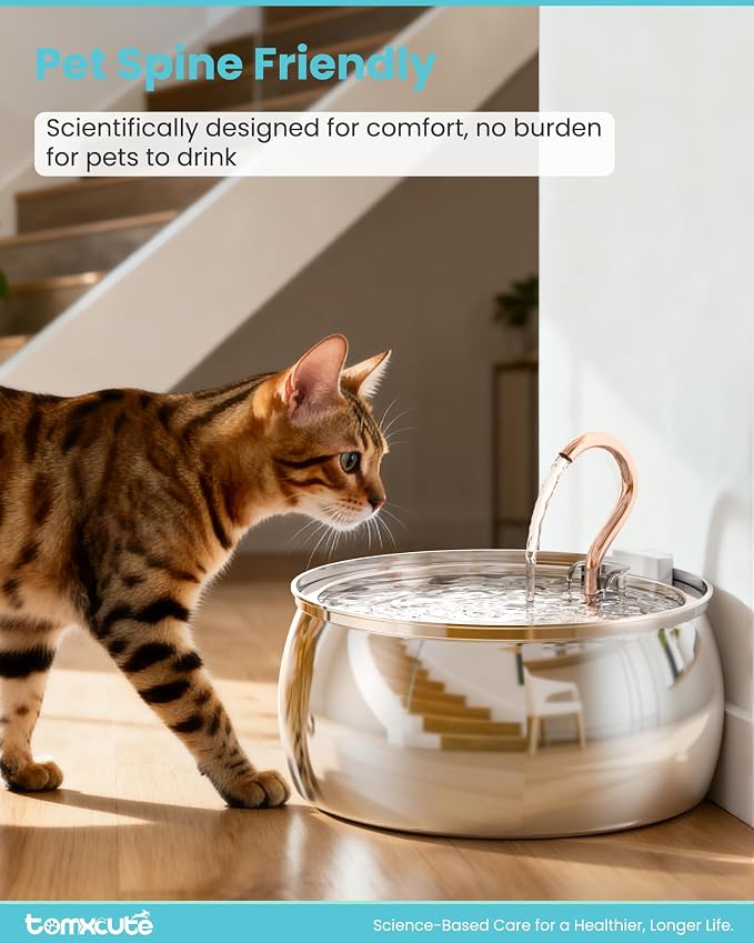 Tomxcute Stainless Steel Cat Water Fountain, Swan Neck Multi-Pet Dispenser | 304 Stainless Steel, Copper Plated Spout, 135oz Capacity, Ultra-Quiet Pump, Quadruple Filter, Dishwasher Safe Tank