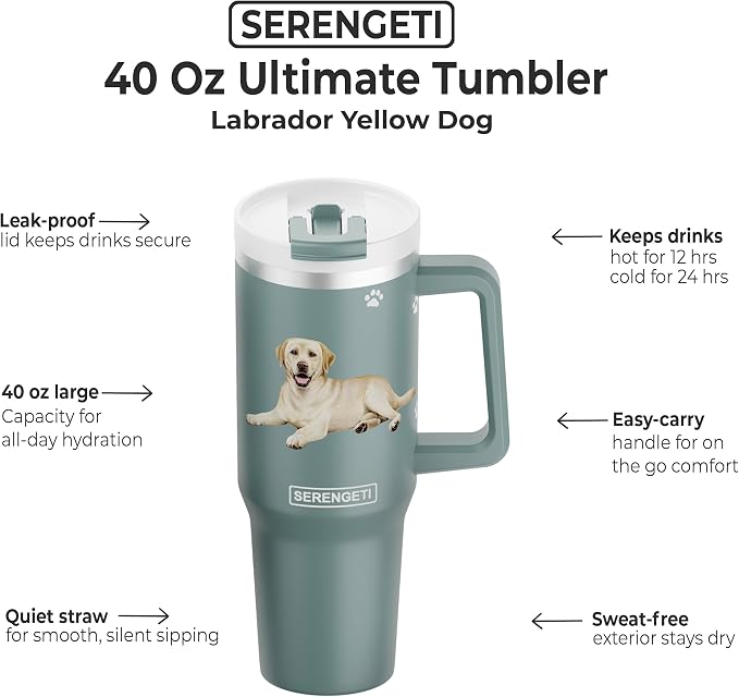 SERENGETI 40 Oz Ultimate Tumbler with Handle and Straw - Vacuum Insulated Tumbler with Straw and Lid - Stainless Steel Travel Mug for Pet Lovers - 3D Designs of your favorite Dog (Yellow Labrador)