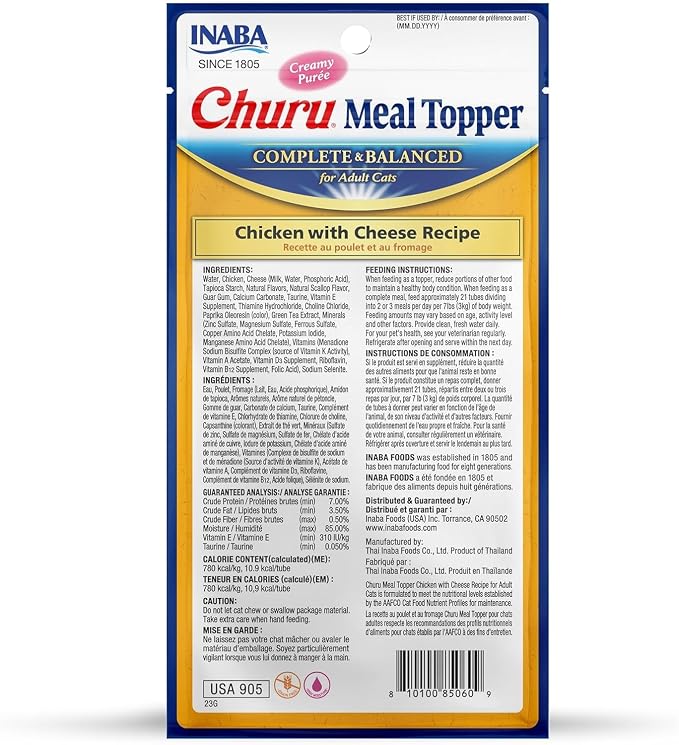 INABA Churu Meal Topper for Cats, Complete & Balanced, Creamy, Lickable Purée Cat Food Topper, 0.5 Ounce Tube, 12 Tubes (4 per Pack), Chicken with Cheese Recipe