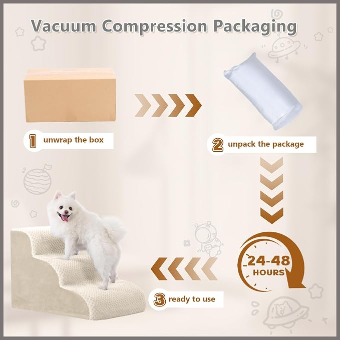 Dog Stairs Ramp, Curved 3-Step Dog Steps for Small Dogs and Cats, Pet Stairs for High Beds and Couch with Anti-Slip Washable Cover and Durable High Density Foam, Beige