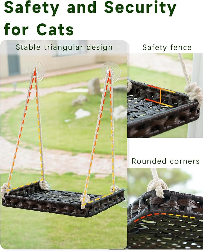 SETVSON Cat Window Perch, Cat Window Hammock Bed for Indoor Cats, Large Handwoven PE Rattan Window Seat, 4 Suction Cups, Double Sided Washable Cushion Bed, 2.3 Inch Fence Shelf, for Pet Kittens Brown