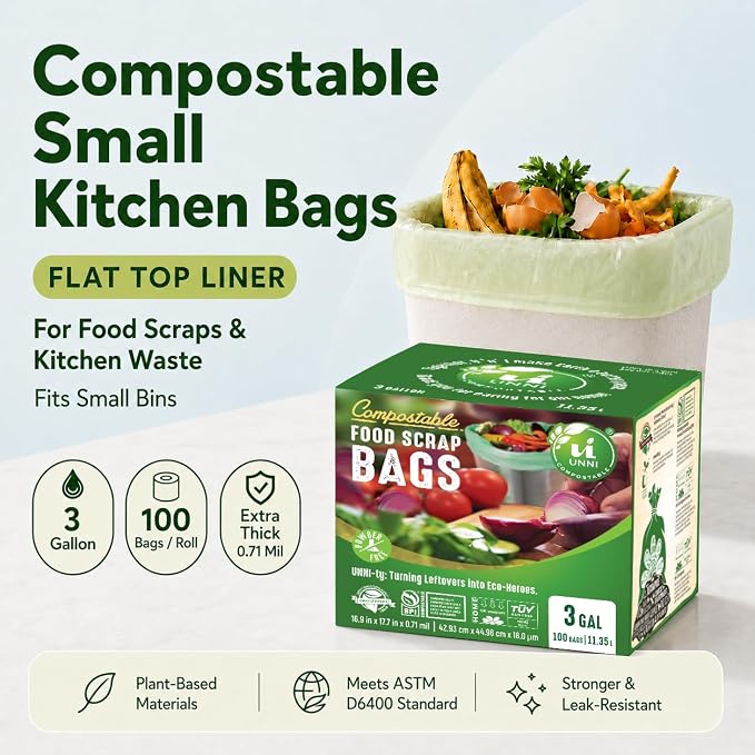 UNNI Compostable Trash Bags, 3 Gallon / 11.35 Liter, 100 Count, Extra Thick 0.71 Mil Small Kitchen Food Scrap Bin Liners, Certified by BPI, CMA & OK compost HOME, Meets the ASTM D6400 Standard