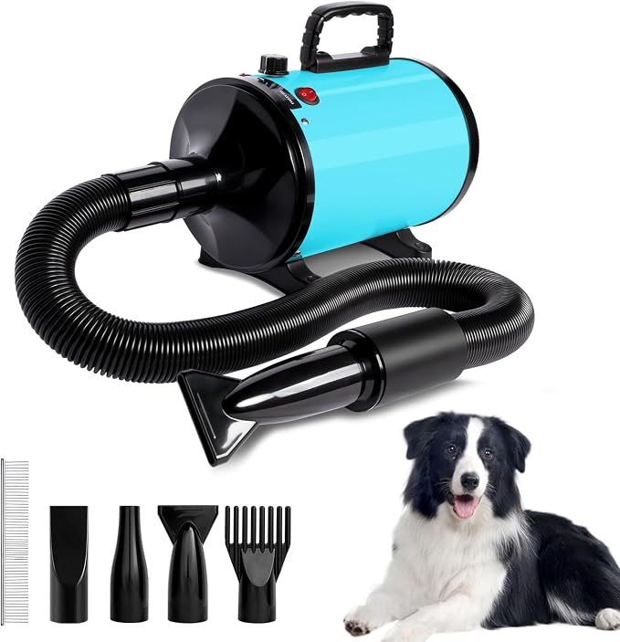 IVY&LANE Dog Hair Dryer for Pet Grooming,High Velocity Dog Dryer Force Blower with 4 Nozzles,Adjustable Speed and Temperature Control Dogs Blow Dryer,Noise Reduction,Blue