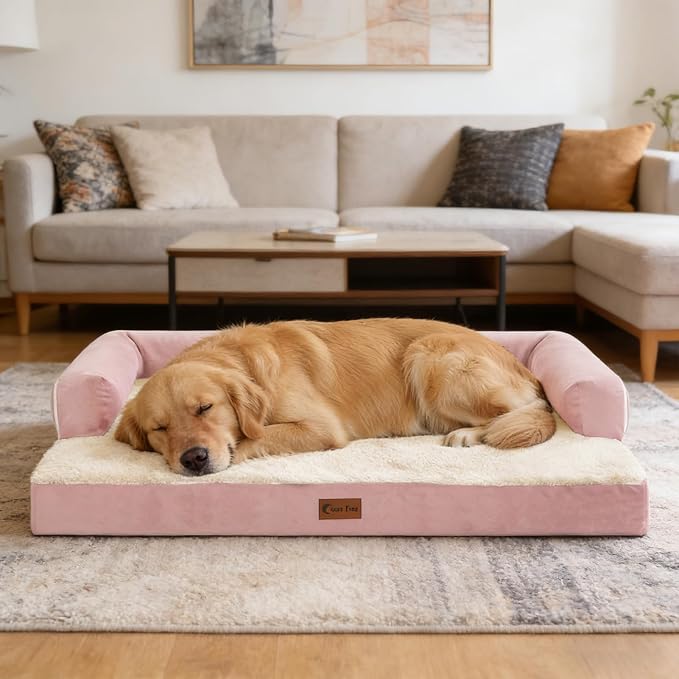 Orthopedic Dog Beds for Large Medium Sized Dogs, Waterproof Egg Crate Foam Large Dog Couch Beds with Comfy Bolster 36x27Inch, Washable Pet Beds with Removable Cover, Pink