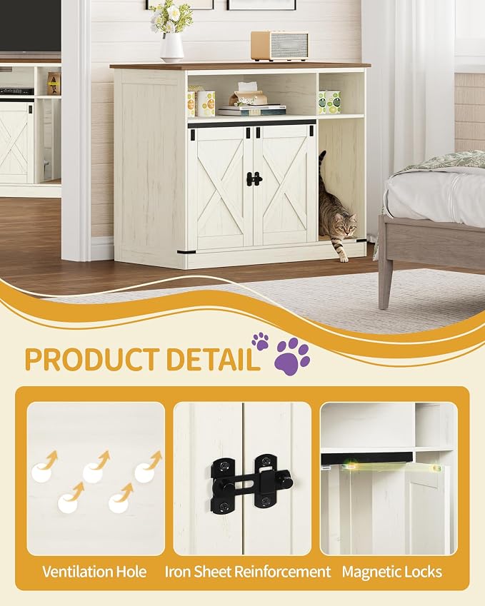 Hzuaneri Cat Litter Box Enclosure, Hidden Litter Box Furniture with Storage, Wooden Cat Cabinet with Scratch Pad, Farmhouse Cat Washroom, TV Stand End Table, Rustic Brown and White CB88614X