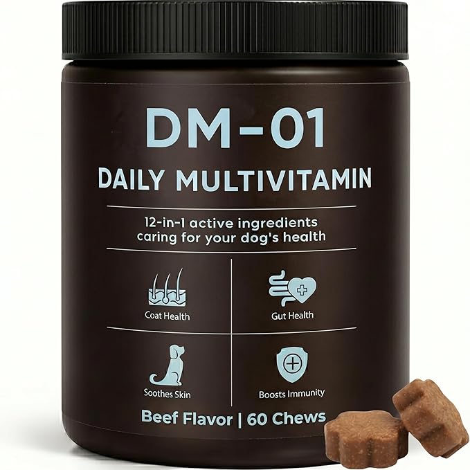 DM-01 Daily Multivitamin, Multivitamin Itch Relief Chews for Dog, with Folic Acid, Salmon Oil, Chondroitin & Natural Vitamins, Skin and Coat Healthy, Digestive & Boost Immunity, 60 Chews (Beef)