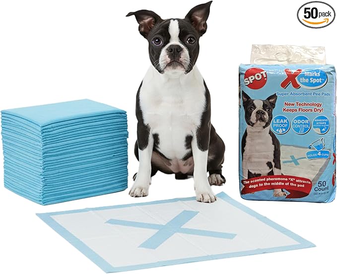 SPOT X Marks The Spot Extra Absorbent Puppy Pads with Adhesive Strips & Pheromones – Attracts Dogs to Center for Training & Potty, 22" x 22", 50-Pack