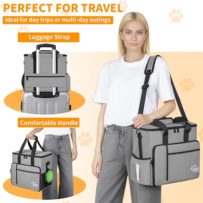 Dog Travel Bag,Large Pet Travel Bag for Supplies with 2 Food Container and Collapsible Bowls,Dog Travel Supplies Organizer Kit for Weekend,Road Trips,Camping