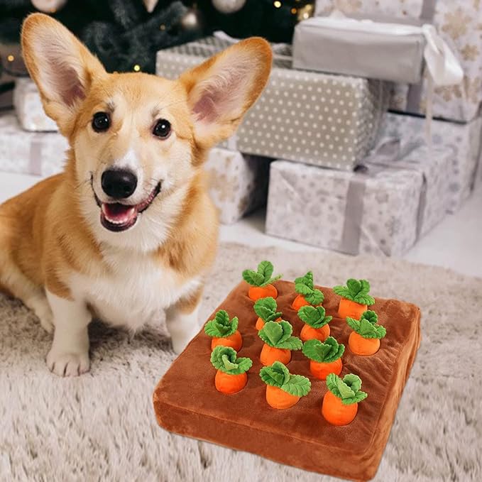 Carrot Dog Toys-Carrot Snuffle Mat for Dogs,Interactive Dog Plush Puzzle Toys,2 in 1 Non-Slip Nosework Feed Games Pet Stress Relief with 12 Carrots