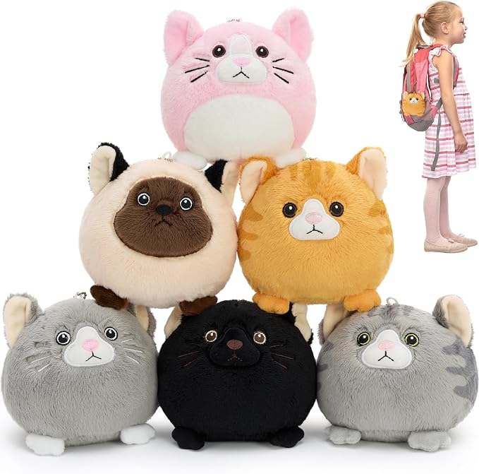 Muiteiur 6Pcs Mini Cat Plush Keychain Set, 3.94 Inch Small Cat Stuffed Animals with Clips, Cute Kitty Backpack Clip Plush Toys, Cat Lover Gifts, Party Favors for Kids Girls/Boys