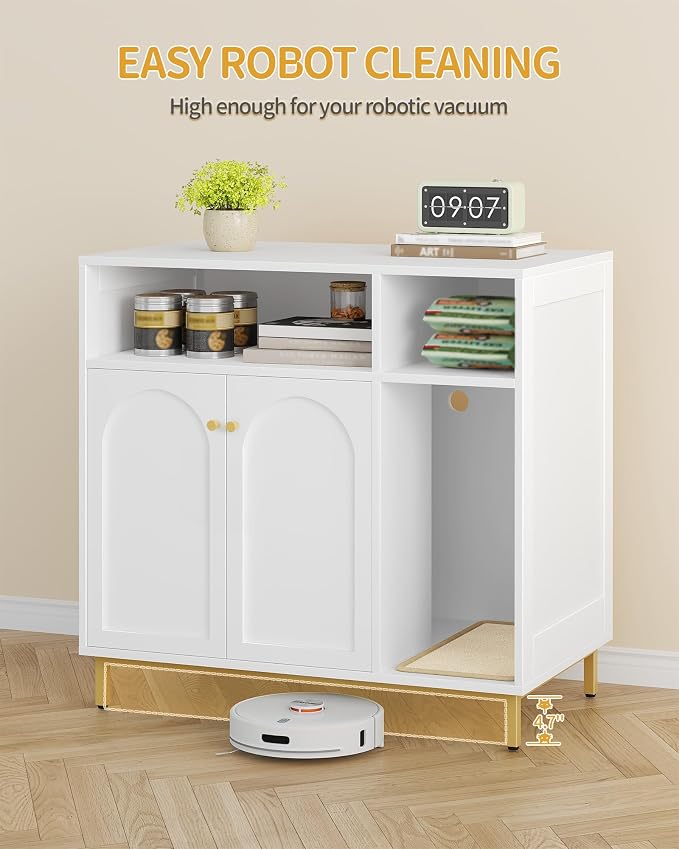 Hzuaneri Large Cat Litter Box Furniture, Hidden Litter Box Enclosure with Storage, Wooden Cats Cabinet with Sisal Mat, Modern Cat Washroom, End Table for Living Room Entryway, White and Gold CB87603G