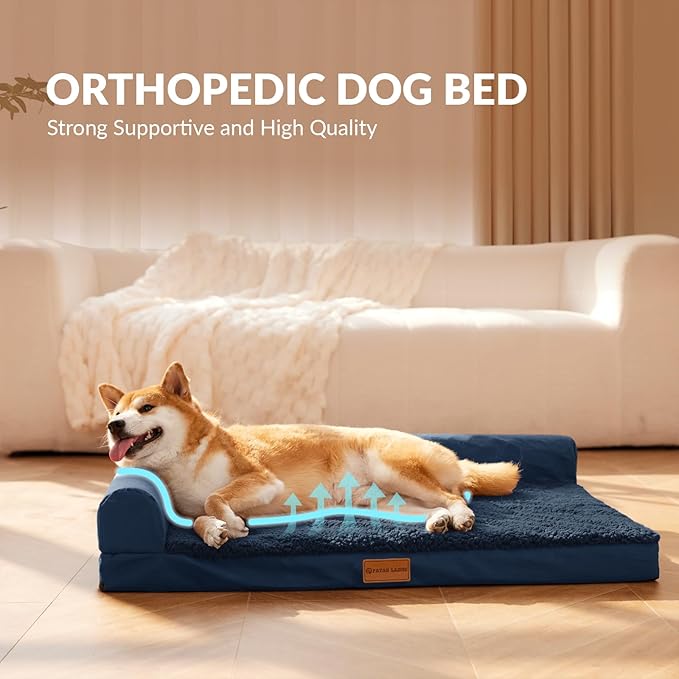 Patas Lague Orthopedic Dog Bed Medium Size Dog 30''X20'', Waterproof L Bolster Medium Pet Sofa Beds with Removable Washable Cover, Soft Pet Couch Crate Mat with Nonskid Bottom, Navy Blue