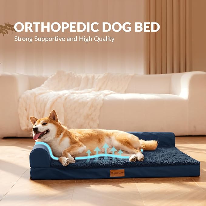 Patas Lague Orthopedic Dog Bed Large Sized Dog 36''X24'', Waterproof L Bolster Medium Pet Sofa Beds with Removable Washable Cover, Soft Pet Couch Crate Mat with Nonskid Bottom, Navy Blue