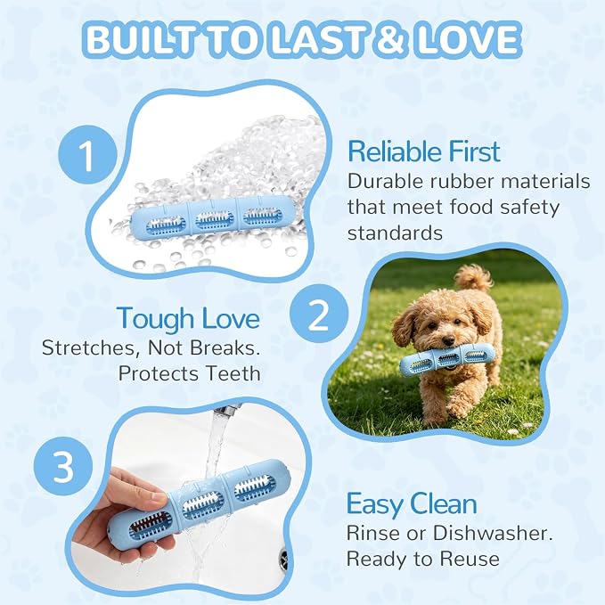 Bite and Brush Puppy Rubber Chew Toy for Teething, Chew Toys for Dogs with Bristles, Stuffable Rubber Teether for Small Medium Dogs, BPA-Free, Teeth Cleaning & Teething Relief, Keeps Puppy Busy (Blue)