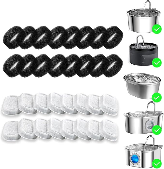 Wonder Creature 32 Pack Cat Water Fountain Filter Replacement, 4+4/8+8/12+12/16+16 Pack for Stainless Steel Cat Water Fountain 2L/67oz and 3.2L/108oz, 16 Carbon Filters & 16 Pre-Filter Sponges
