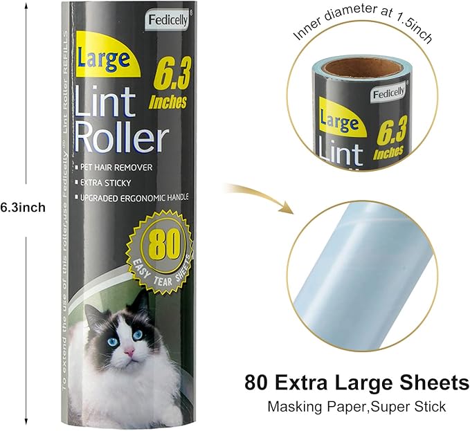Fedicelly Lint Rollers Pet Hair Extra Sticky Furniture,Cat Dog Hair Remover Laundry Clothes Carpet, 6.3 inches Wider with 640 Sheets Large Lint Remover Brush for Couch