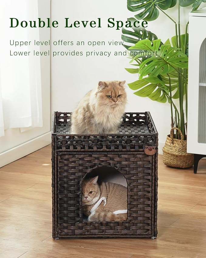 SETVSON Cat Beds for Indoor Cats Extra Large Double Cat Cave Pet Cube, Handwoven Rattan Cat Houses with Double-Sided Soft Cushions, 18.5 x 20.5 x 19.1 Inches Foldable Hideaway in Living Room Brown