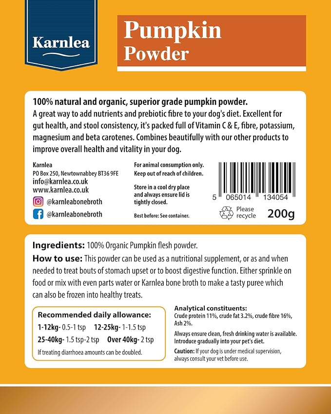 Pumpkin Powder for Dogs | 100% Pure Dog Food Topper | for Gut Health, Fibre, Healthy Stools, Prebiotic, Scooting | 200g