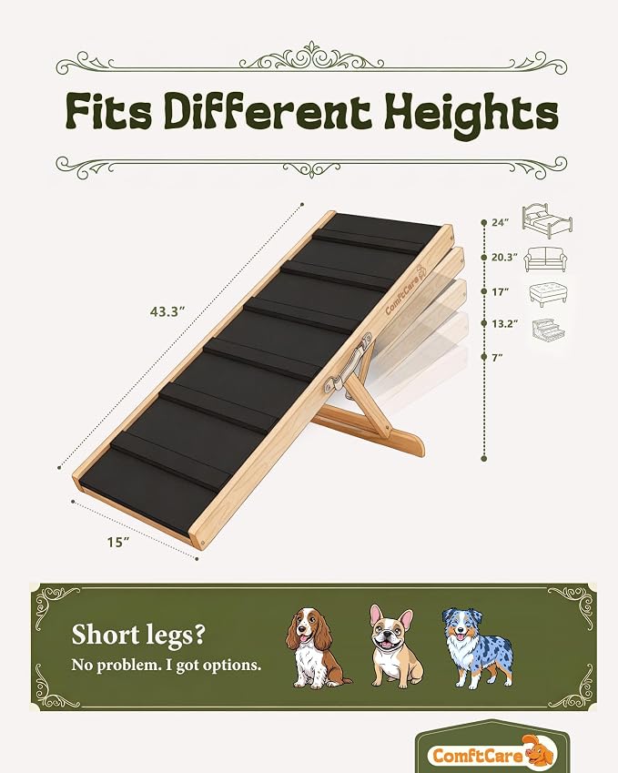 Dog Ramp for Bed & Couch, Height Adjustable Foldable Pet Ramp for Small & Medium Dogs, Non-Slip Surface for Secure Climbing, Portable Indoor Ramp, Joint-Friendly Design, Up to 70 lbs