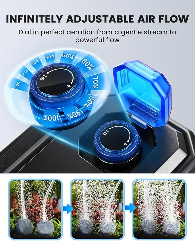 fishkeeper Ultra-Quiet Aquarium Air Pump – 10W (255GPH) Powerful Fish Tank Air Pump with Stainless Steel Dual Outlets, Adjustable Oxygen Aerator Pump with Air Stone Bubbler Kit for 1–200 Gallon