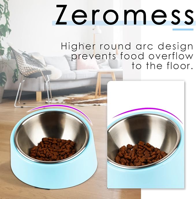 SuperDesign Mess Free 15° Slanted Bowl for Dogs and Cats, Tilted Angle Bulldog Bowl Dog Feeder, Non-Skid & Non-Spill, Easier to Reach Food L/2 Cup Blue