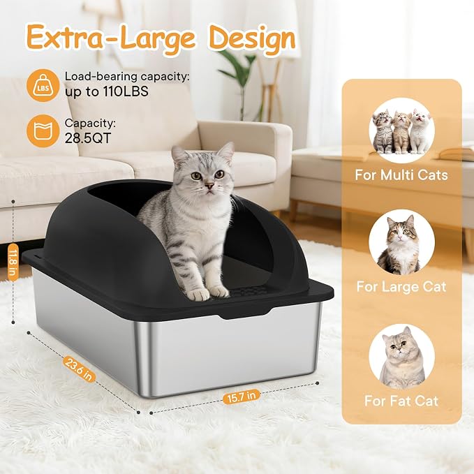 Extra Large Cat Litter Box with Lid, Stainless Steel Cat Litter Box with Scoop and Mat, High Walls for Anti-Urine Leakage, Easy Cleaning, Black